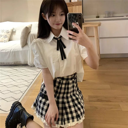 Cute 2pcs Set White Puff Ruffles Sleeve Shirt + Aline Pleated Preppy Mini Skirt Summer Aesthetic Casual E-Girl Kawaii Korean Japanese Harajuku