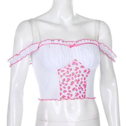 Cute Strawberry Milkmaid Patchwork Frill Ruched Mesh Crop Top Sleeveless Shirt Summer Aesthetic E-Girl Kawaii Korean Japanese Harajuku Streetwear