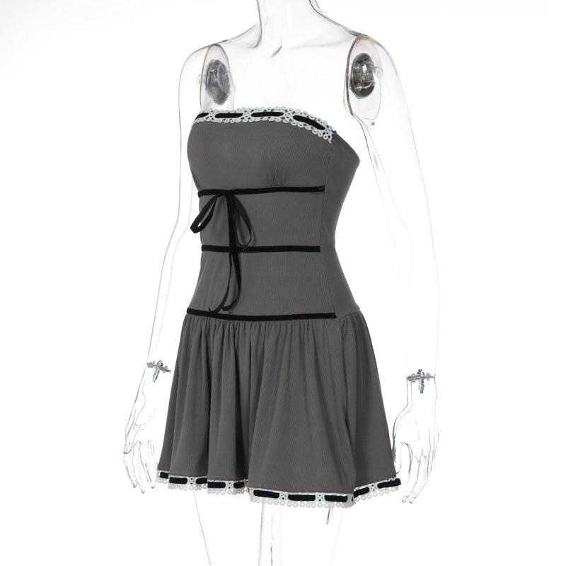 Lace Tie Up Strapless Mini Dress