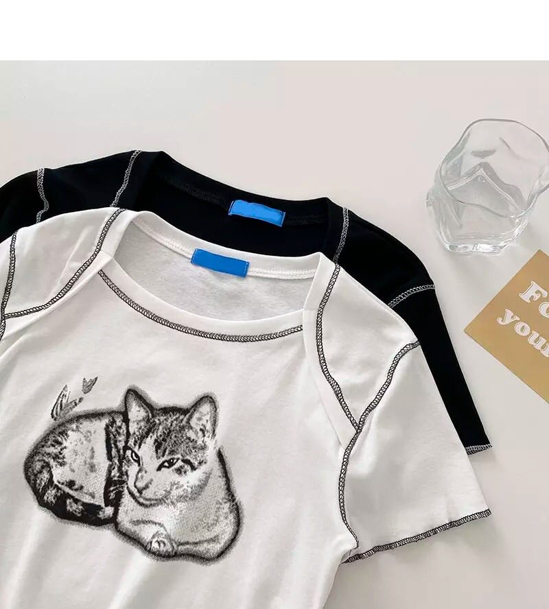 Cat Cartoon Graphic Print Short Sleeve Shirt Crop Top Summer Aesthetic Casual E-Girl Kawaii Korean Japanese Harajuku