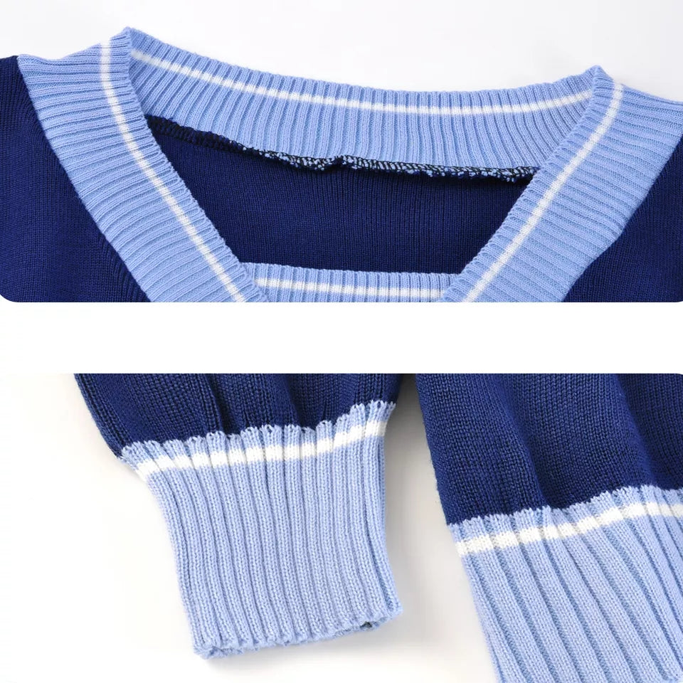 Panelled V Neck Cropped Loose Long Sleeve Jumper