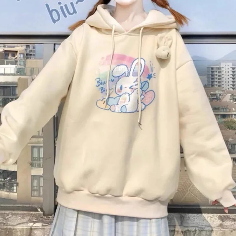 Cute Cream Bunny Rabbit Print Long Sleeve Hoodie Oversized Pullover Sweater Aesthetic Casual E-Girl Kawaii Korean Japanese Harajuku