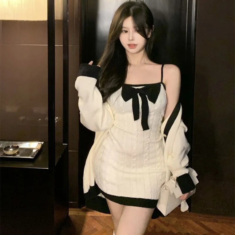 2 Piece White Knit Bow Dress + Sweater