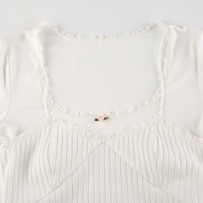 White Lace Trim Square Collar Long Sleeve Shirt