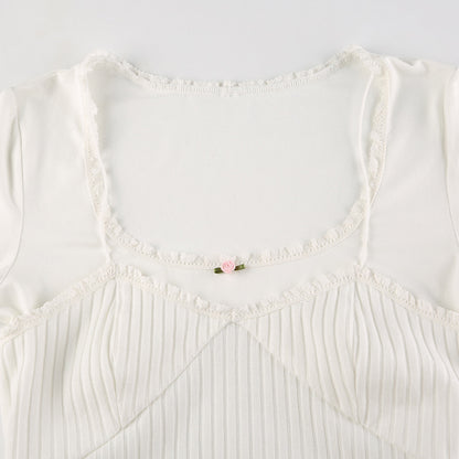 White Lace Trim Square Collar Long Sleeve Shirt