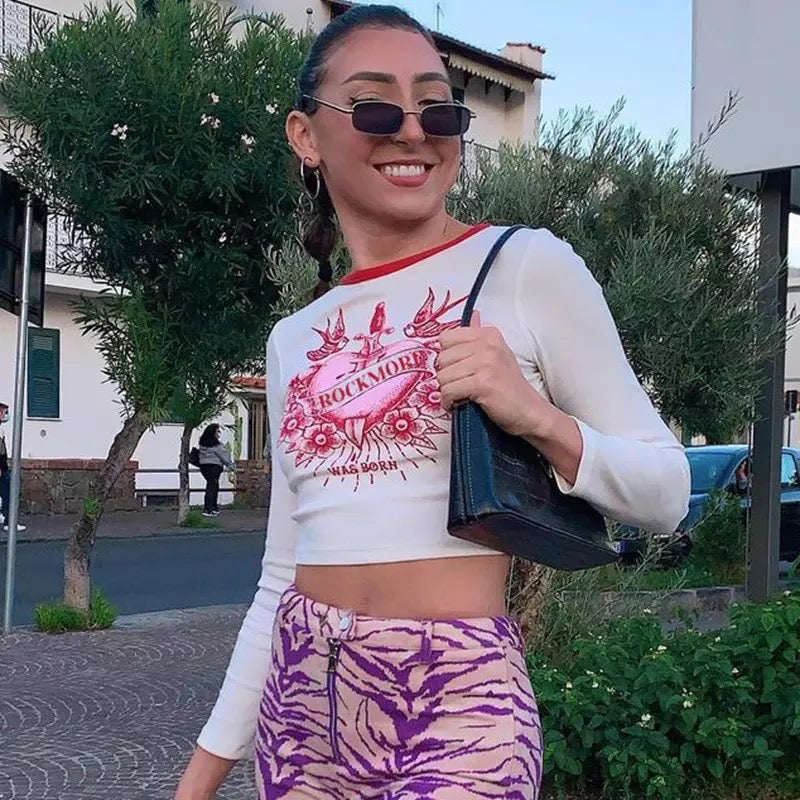 Cute Retro Rock Heart Aesthetic Print Crop Top Long Sleeve Shirt Tee T-shirt Punk Goth Summer Casual E-Girl Kawaii Korean Japanese Harajuku Streetwear