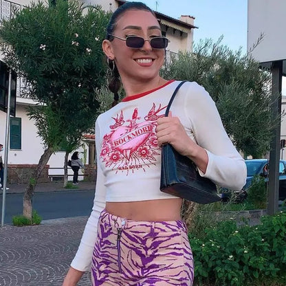 Cute Retro Rock Heart Aesthetic Print Crop Top Long Sleeve Shirt Tee T-shirt Punk Goth Summer Casual E-Girl Kawaii Korean Japanese Harajuku Streetwear