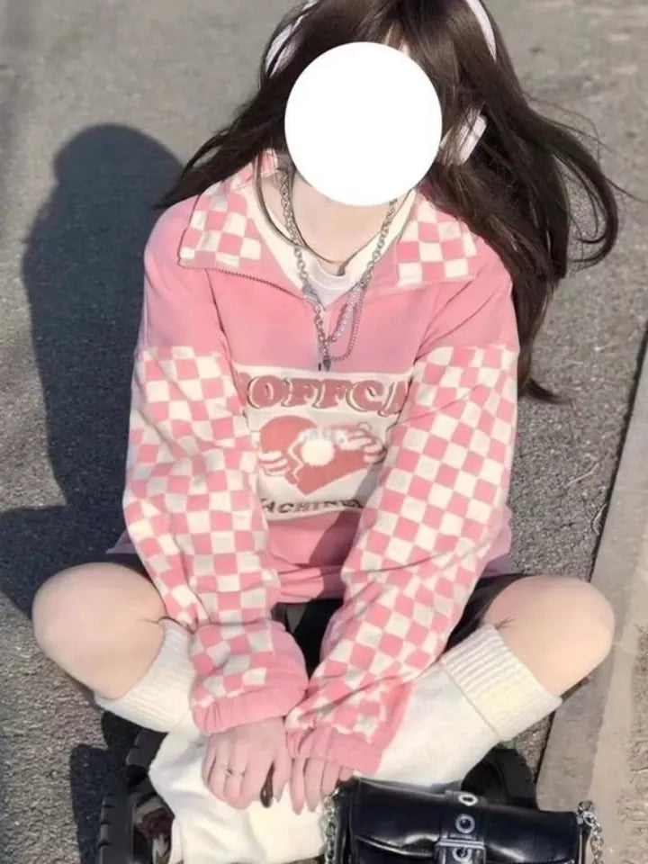 Pink Plaid Checkboard Zip Up Oversized Sweatshirt