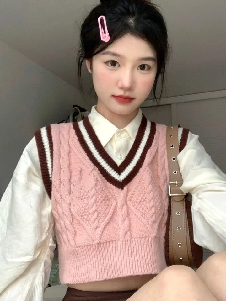 Pink Cable Knit V Neck Sweater Vest