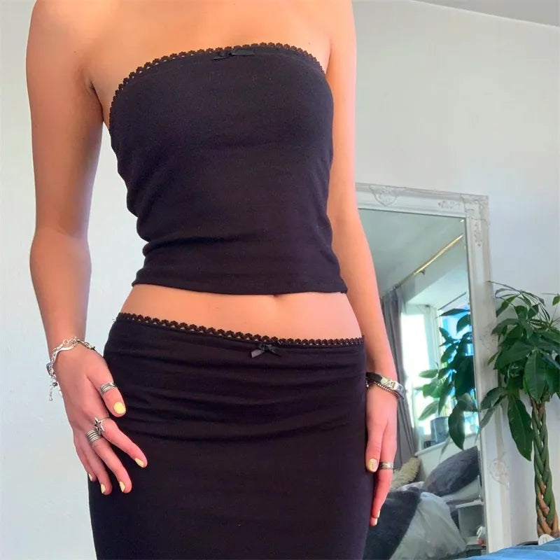 2PCS Black Tube Top + Maxi Skirt Set