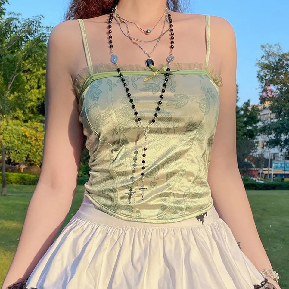 Green Floral Frill Crop Top