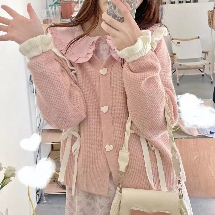 Pink Lace Up Ruffle Sweater