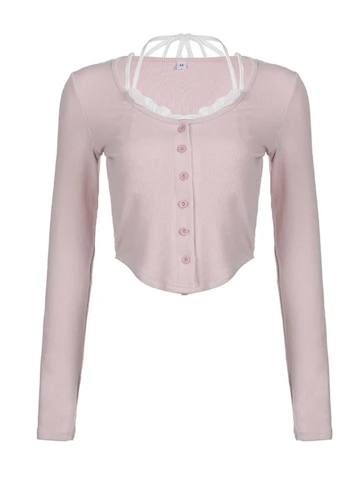 Pink Lace Patchwork Button Crop Top