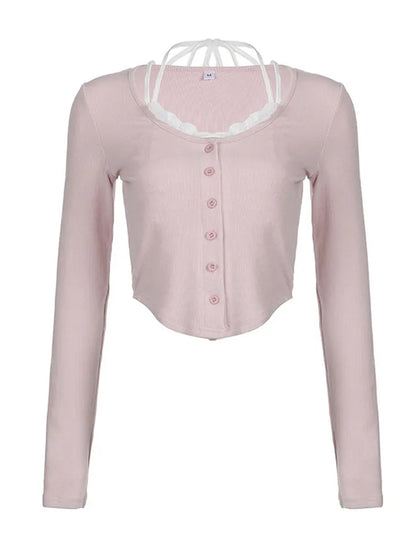 Pink Lace Patchwork Button Crop Top