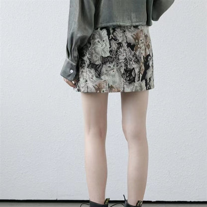 Vintage Cat Print Mini Skirt
