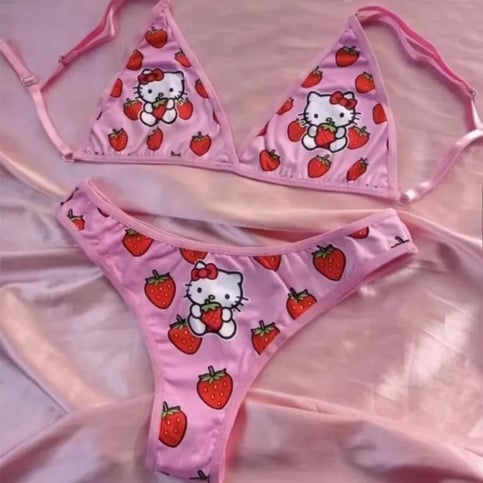 2PCS Pink Strawberry Japanese Cat Bikini Set