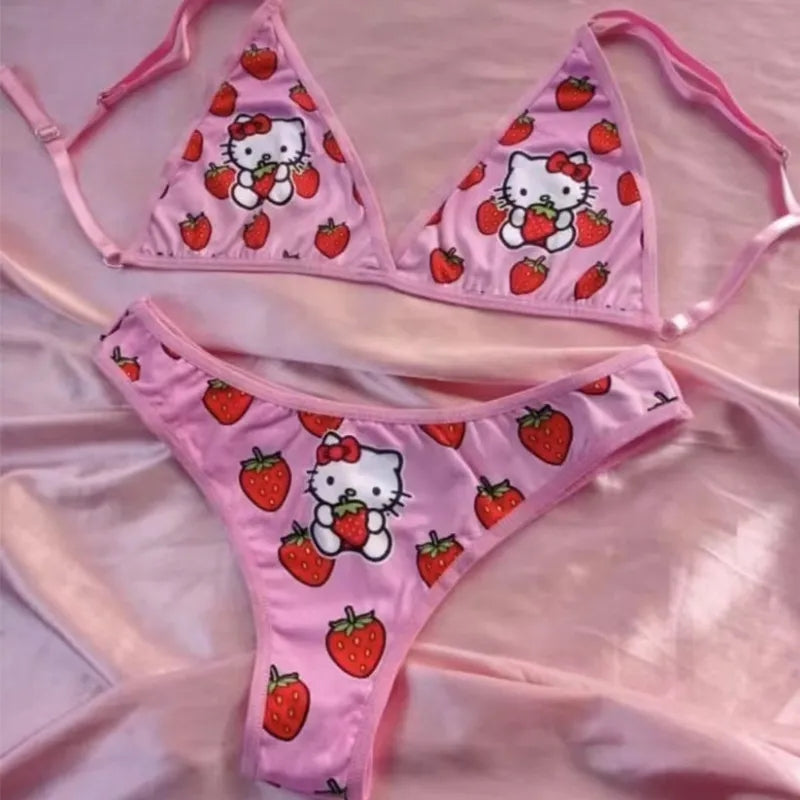 2PCS Pink Strawberry Japanese Cat Bikini Set