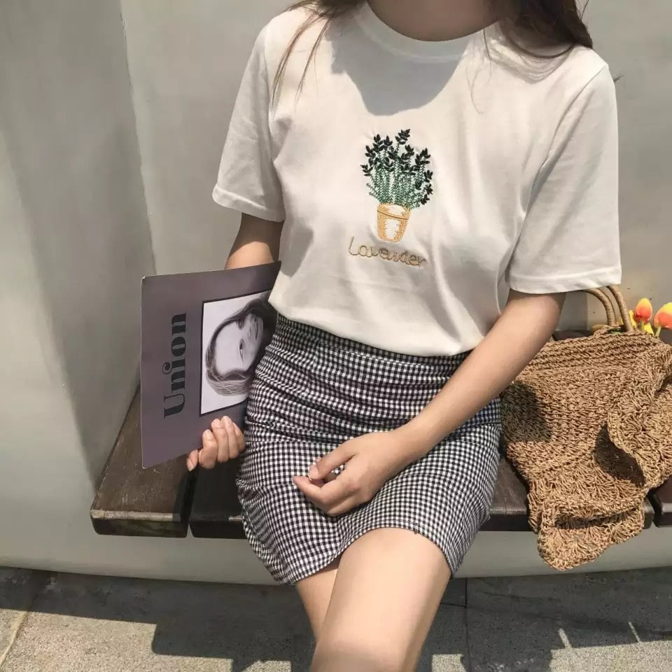 Cute Summer Lavender Plant Flower Embroidery White Loose Casual Short Sleeve Tee Shirt T-shirt Top E-Girl Kawaii Korean Japanese Harajuku Streetwear