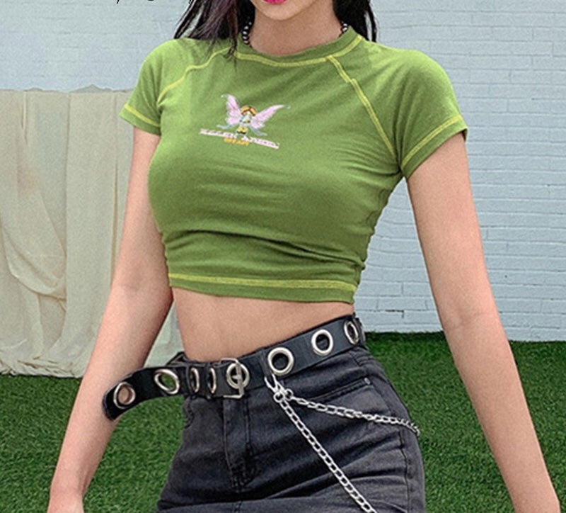 Cute Butterfly Graphic Letter Green Crop Top Short Sleeve Shirt Tee T-shirt E-Girl Kawaii Korean Japanese Harajuku Chinese Retro Streetwear Aesthetic