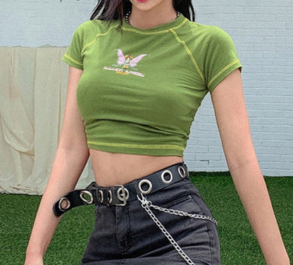 Cute Butterfly Graphic Letter Green Crop Top Short Sleeve Shirt Tee T-shirt E-Girl Kawaii Korean Japanese Harajuku Chinese Retro Streetwear Aesthetic