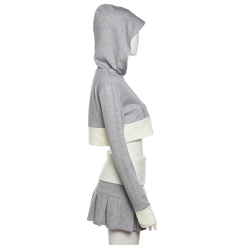 2PCS Grey Cropped Hoodie + Pleated Mini Skirt