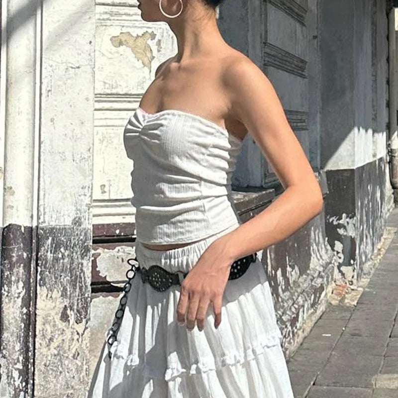 2PCS Strapless Tank Top + Pleated Long Skirt
