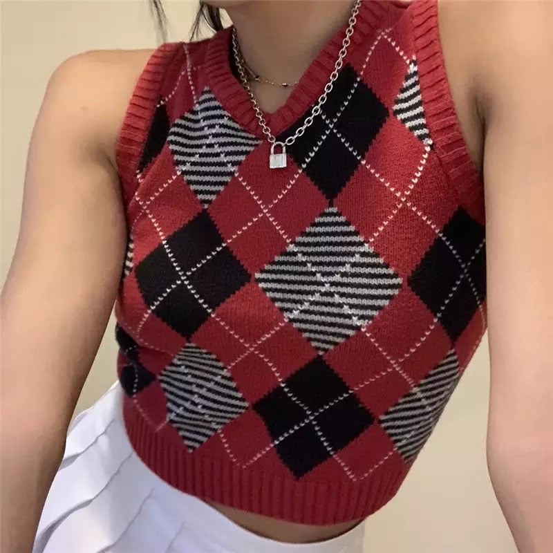 Vintage Plaid V Neck Sleeveless Sweater Vest Knit Crop Top Preppy Causal Pullover E-Girl Kawaii Korean Japanese Harajuku Streetwear