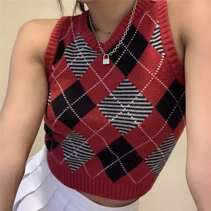 Vintage Plaid V Neck Sleeveless Sweater Vest Knit Crop Top Preppy Causal Pullover E-Girl Kawaii Korean Japanese Harajuku Streetwear
