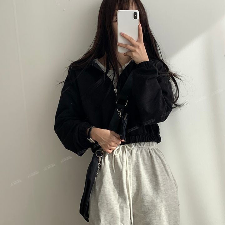 Black Cropped Zip Up Jacket