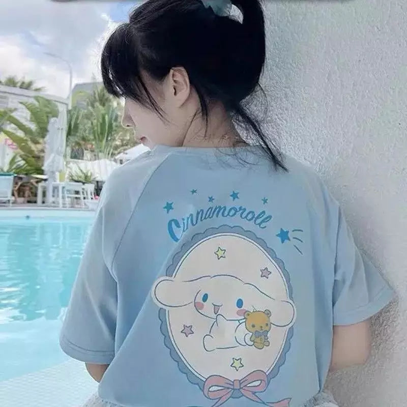 Cute Blue Japanese Anime Cartoon Graphic Print Loose Short Sleeve T-shirt