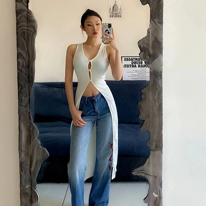 White Hollow Out V Neck Long Tank Top