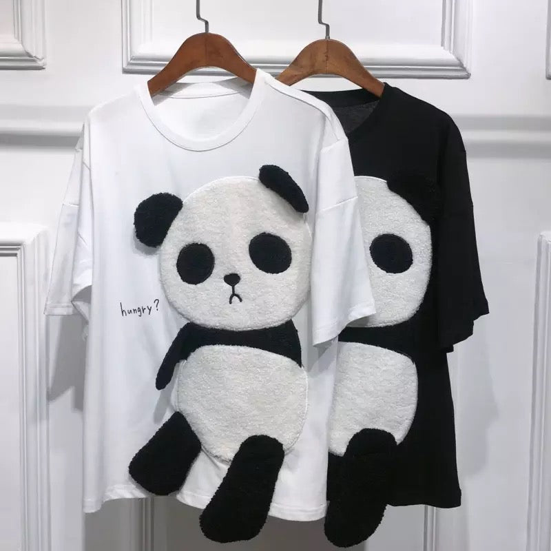 Cute Panda Bear Fleece Hungry Casual Summer Oversized Short Sleeve Tee Shirt T-shirt Top E-Girl Kawaii Korean Japanese Harajuku Streetwear