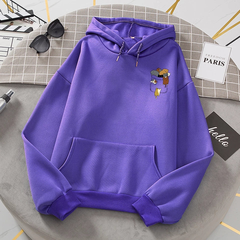 Cute Cat Cartoon Pocket Print Loose Fleece Hoodie Crewneck Pullover Sweatshirt Aesthetic Casual E-Girl Kawaii Korean Japanese Harajuku