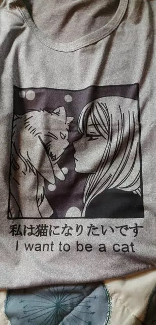 Cute Vintage Sweet Funny Cat Anime Girl Print Loose Short Sleeve Short T-shirt Tee Top Summer Casual E-Girl Kawaii Korean Japanese Harajuku Streetwear