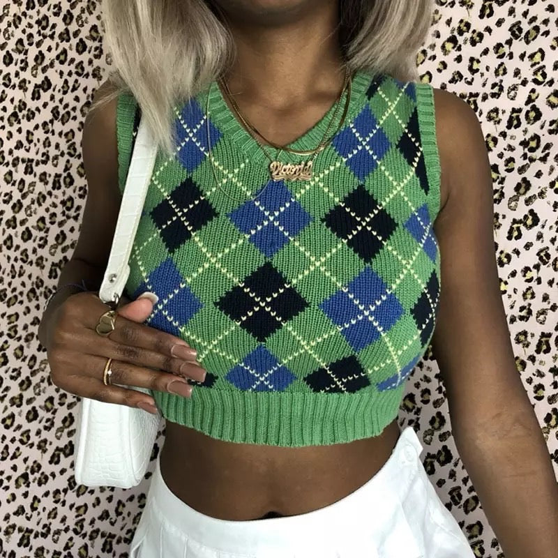 Vintage Plaid V Neck Sleeveless Sweater Vest Knit Crop Top Preppy Causal Pullover E-Girl Kawaii Korean Japanese Harajuku Streetwear