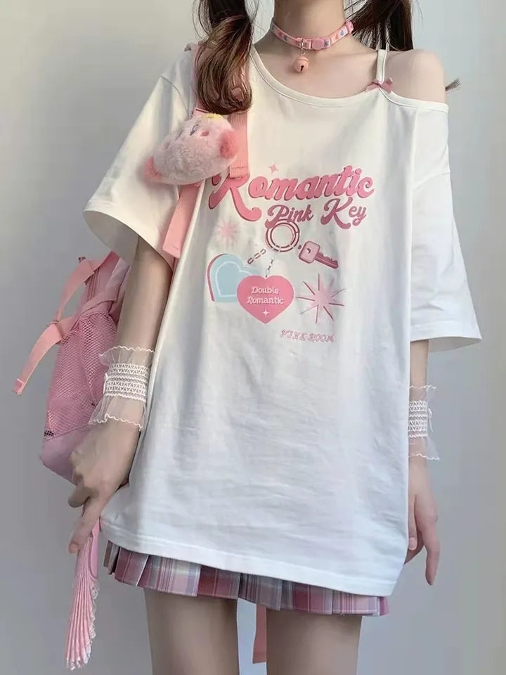 Sweet Pink Print Off Shoulder Short Sleeve T-shirt