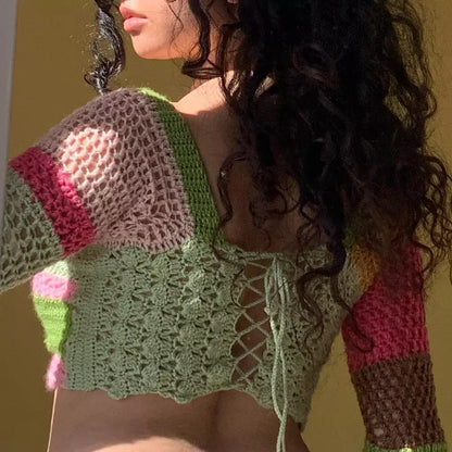Rainbow Crochet Long Sleeve Drawstring Crop Top