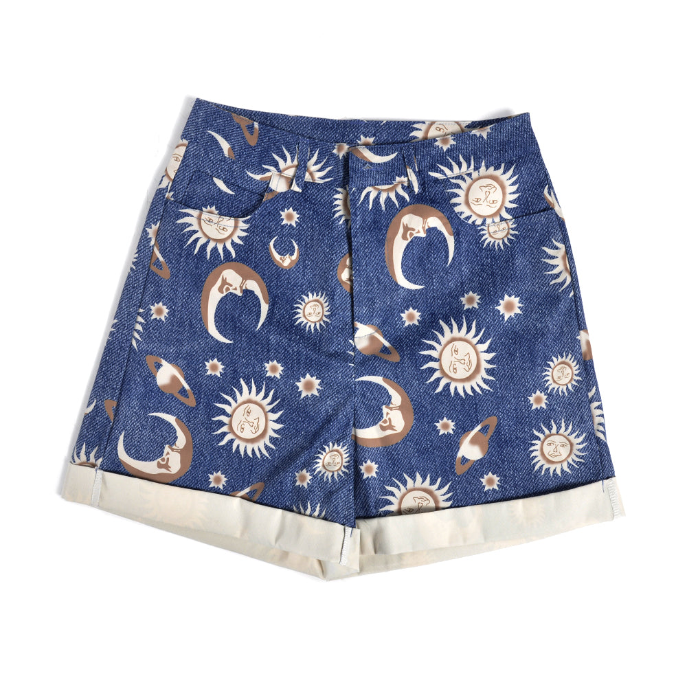 Cute Sun Moon Star Planet Pattern Loose Denim Shorts Bottom E-Girl Kawaii Korean Japanese Harajuku Chinese Retro Streetwear Aesthetic