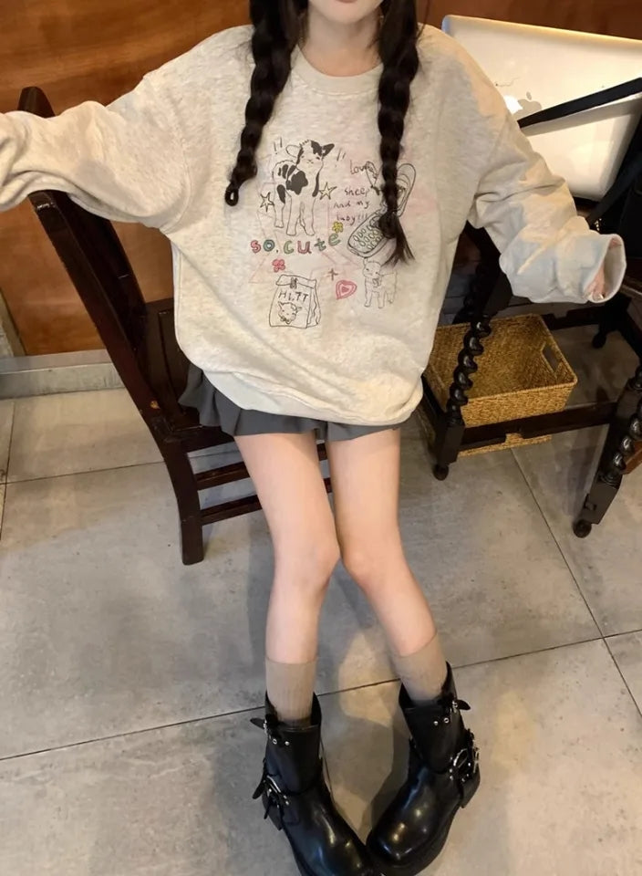 Grey Animal Fleece Crew Neck Sweater