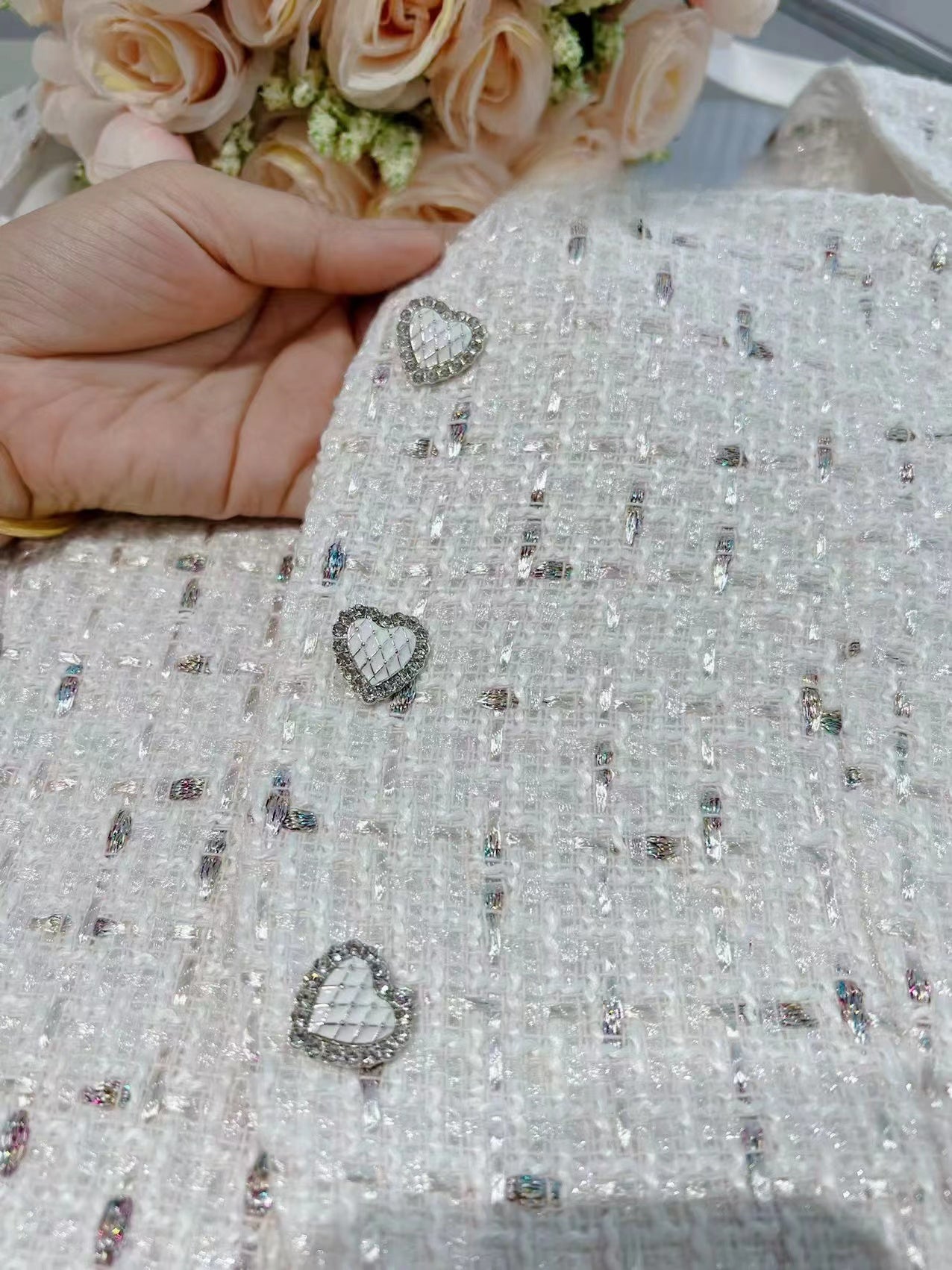 2PCS White Tweed Puff Sleeve Blouse + Skirt