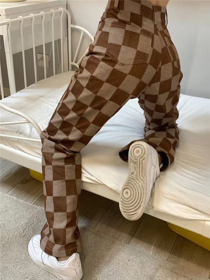 Brown Checkered High Waist Wide Leg Pants