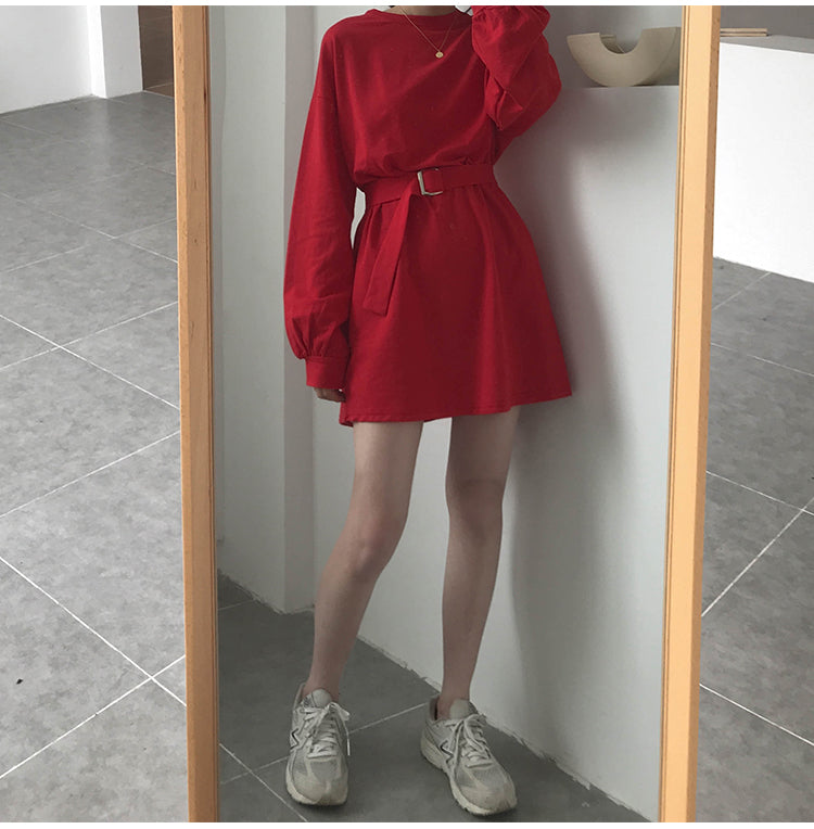 Cute Solid Color Long Sleeve T-shirt Shirt Dress With Belt Loose Oversized Woman Spring Autumn E-Girl Kawaii Korean Japanese Harajuku Retro Streetwear