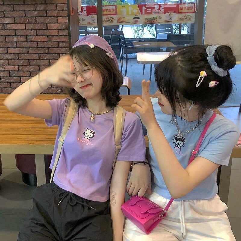 Cute Cat Kitten Embroidery Anime Cartoon Crop Top Short Sleeve Shirt T-shirt Top Summer Casual E-Girl Kawaii Korean Japanese Harajuku Streetwear