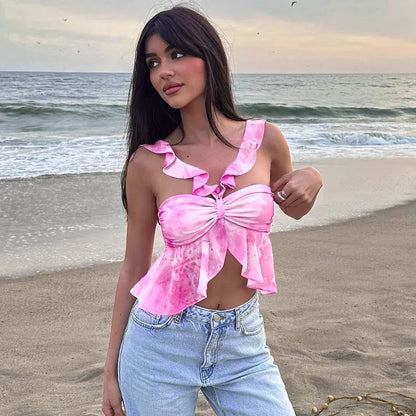 Pink Tie Dye V Neck Ruffle Crop Top