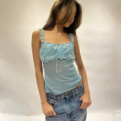 Blue Lace Ruffle Square Neck Top