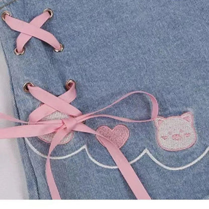 Cat Embroidery Pink Ribbon Denim Shorts