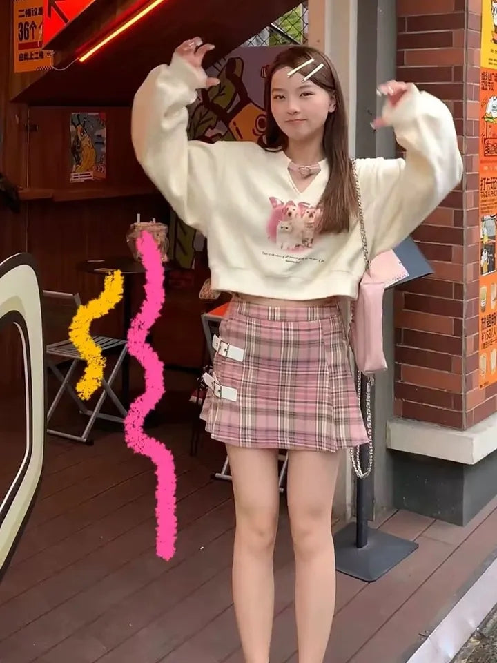 Kawaii Animal Print Cropped Sweatshirt