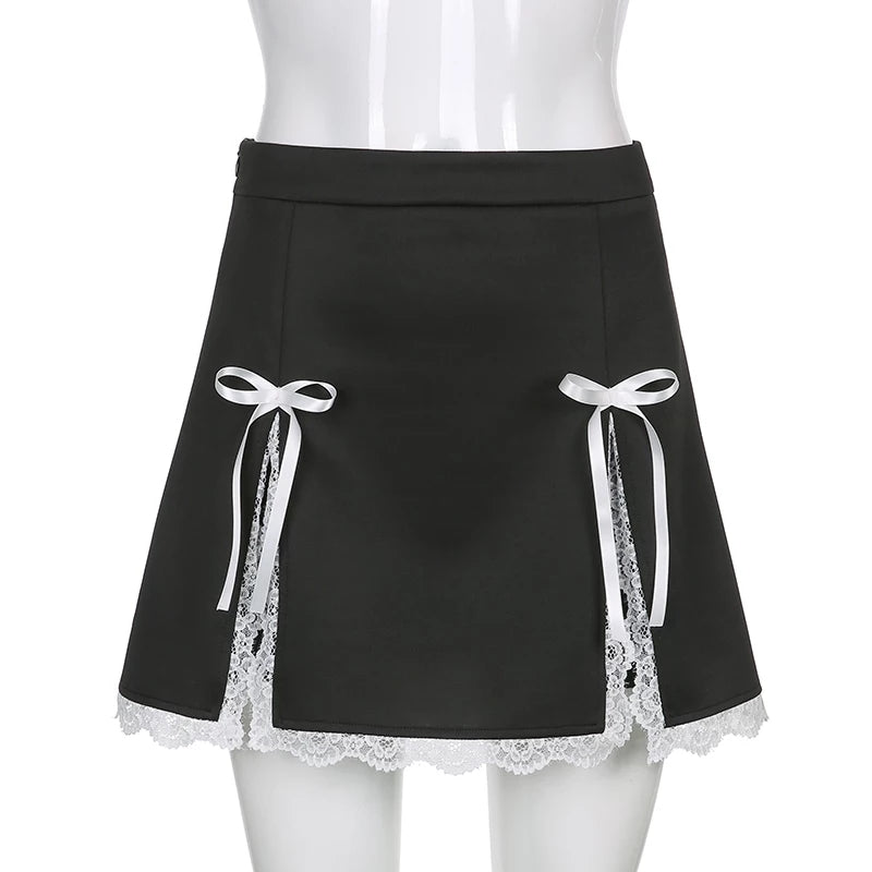 Cute Black Maid Lace Trim Mini Skirt 90s Party Summer Aesthetic Casual E-Girl Kawaii Korean Japanese Harajuku
