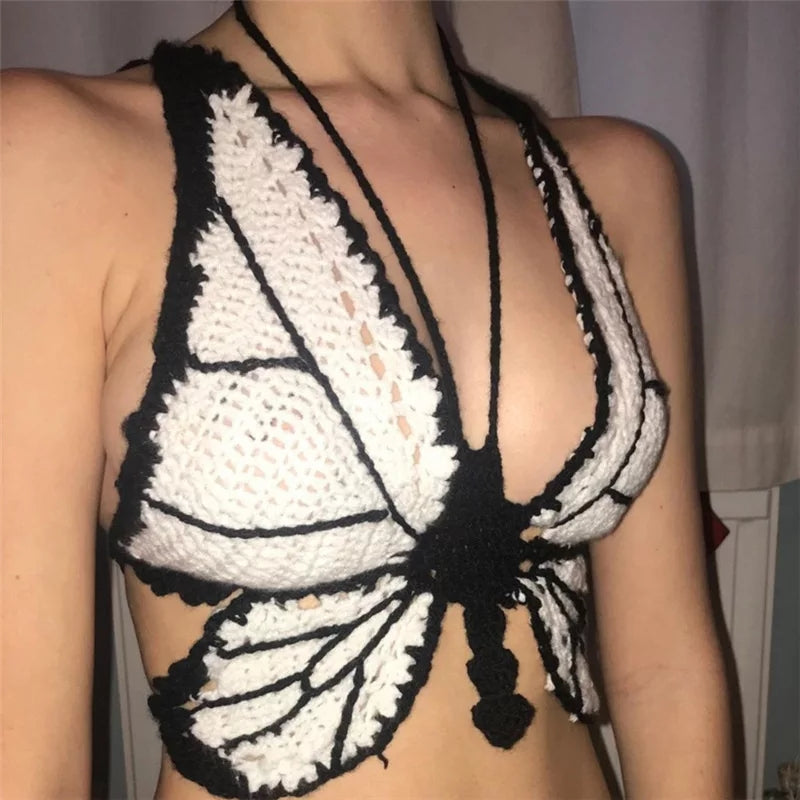 Cute Sexy Butterfly Crochet Halter Sleeveless Shirt Crop Top Camisole Beach Tunic Party Summer Aesthetic Casual E-Girl Kawaii Korean Japanese Harajuku
