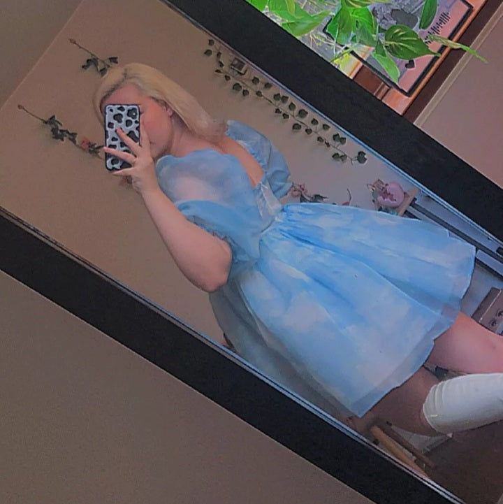 Cute Sexy Blue Cloud Sky Princess Square Neck Puff Sleeve Mini Party Dress Summer Aesthetic E-Girl Kawaii Korean Japanese Harajuku